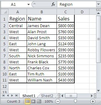 Excel sorting table