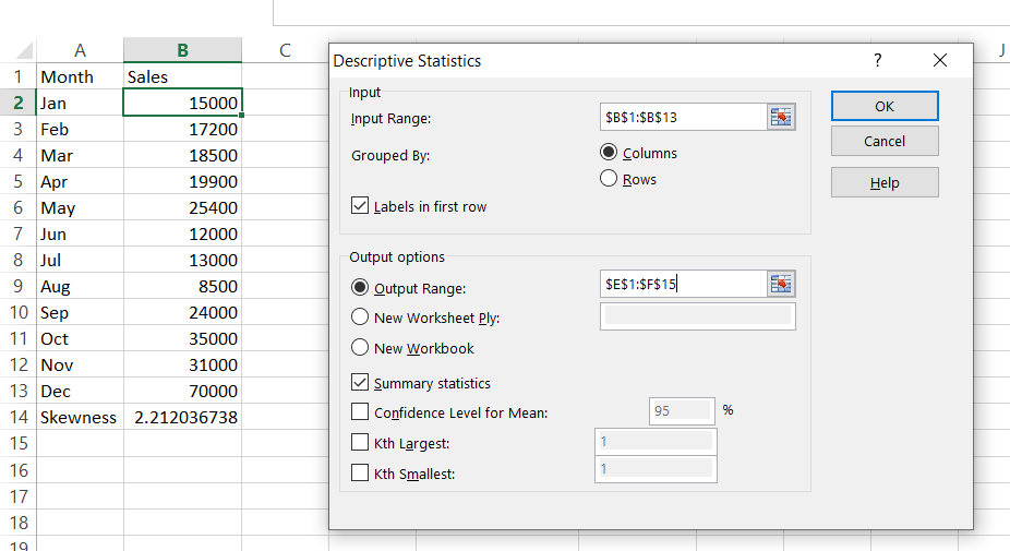 skewness decriptive statistics parameters