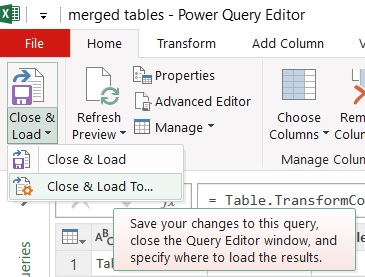 power query close and load to