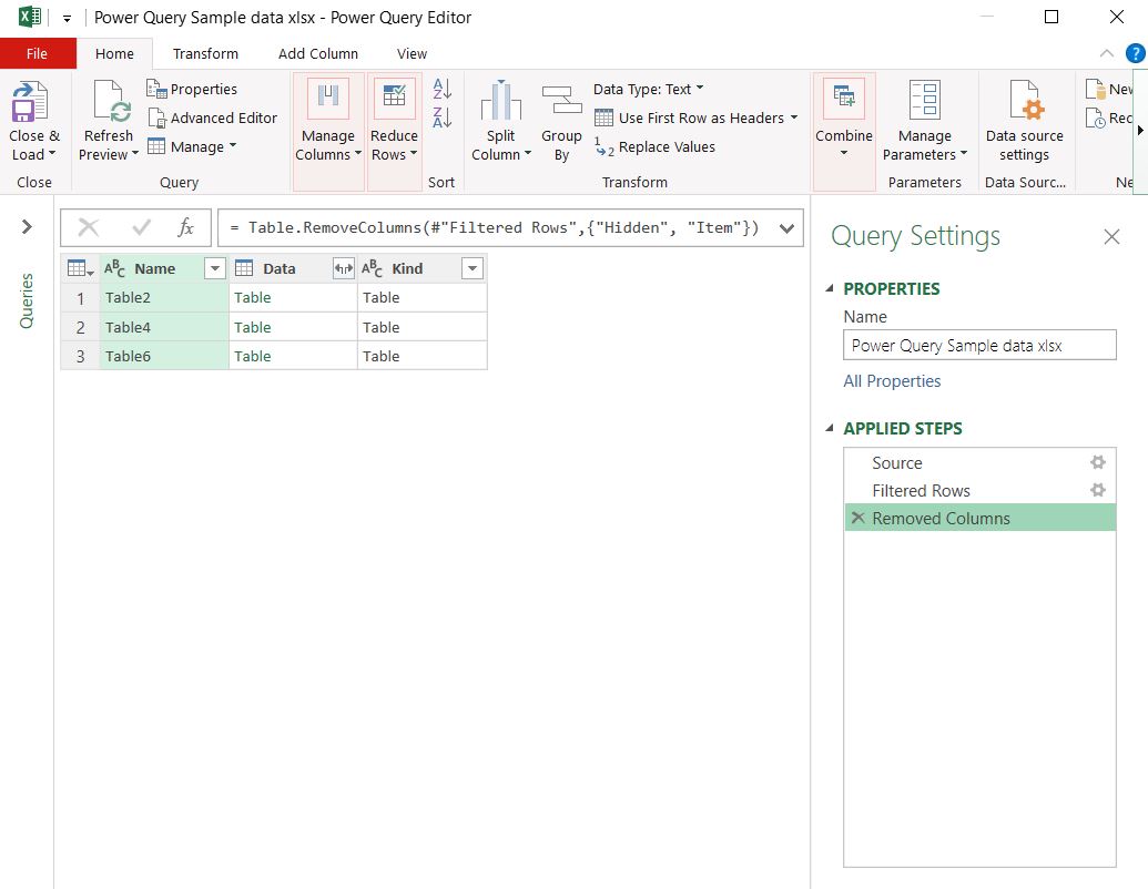 power query remove columns