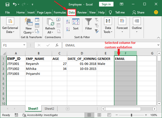 Apply data validation in Excel