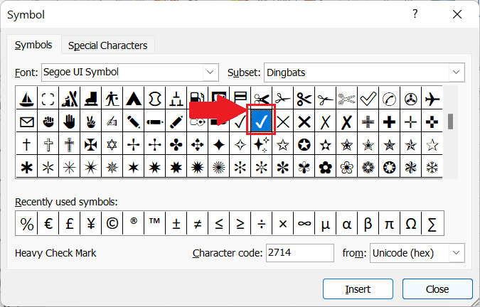 Check Mark in Excel