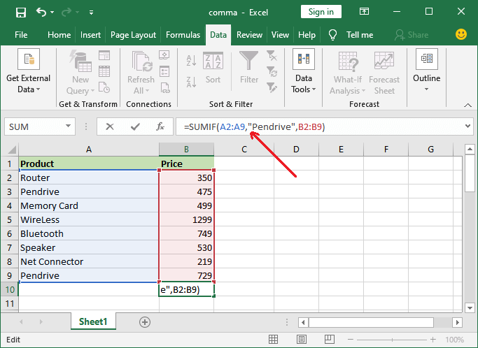 sumif function in Excel