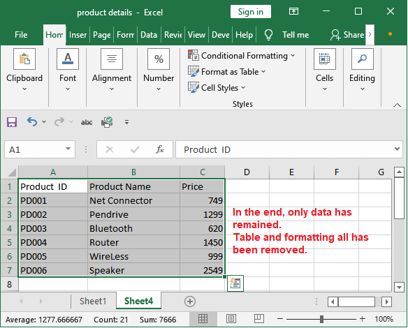 How to remove table in Excel
