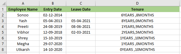 Tenure Formula in Excel