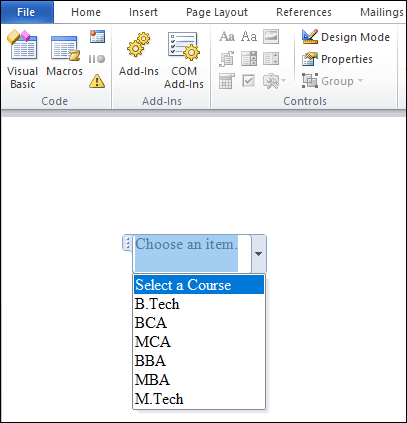 How to create a drop-down menu in Word document