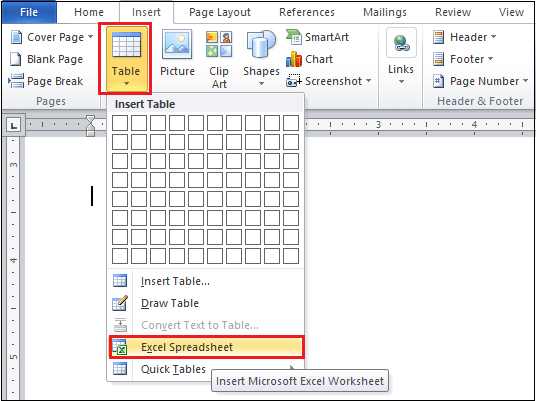 How to insert an Excel spreadsheet into a Word document